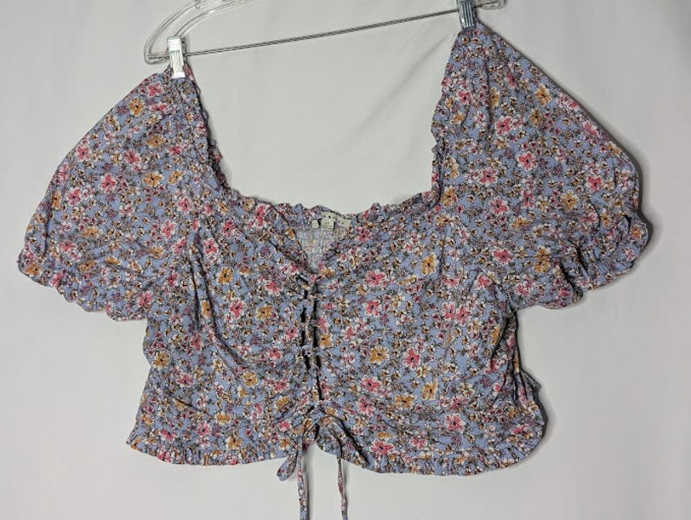 HAUTE MONDE womens floral cropped lace-up front puff sleeves size 2X cottagecore